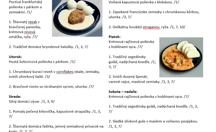 Sladká bodka Nivy - príďte na skvelý obed Denné menu v Sladkej bodke od 28.9.2026 - 4.10.2026