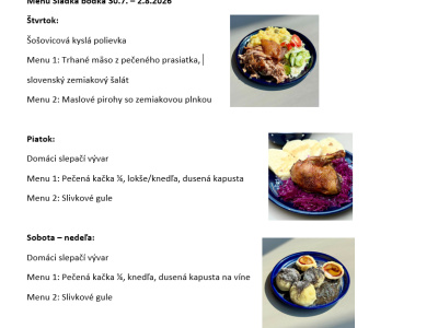 Sladká bodka Nivy - príďte na skvelý obed Denné menu v Sladkej bodke od 30.7.2026 - 2.8.2026